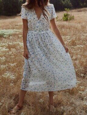 Christy Dawn Cream Midi Dress Blue Floral Print Size 2XL Boho Trendy Festival